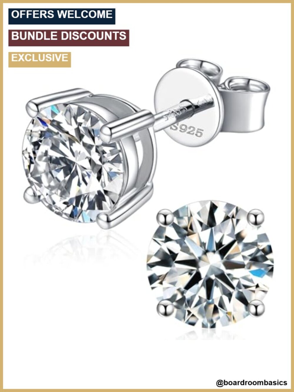 18K White Gold Plated Silver Moissanite Stud Earrings Friction Back Gift